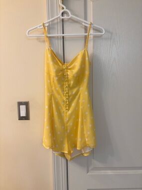Privacy Please Yellow and White Polka Dot Romper